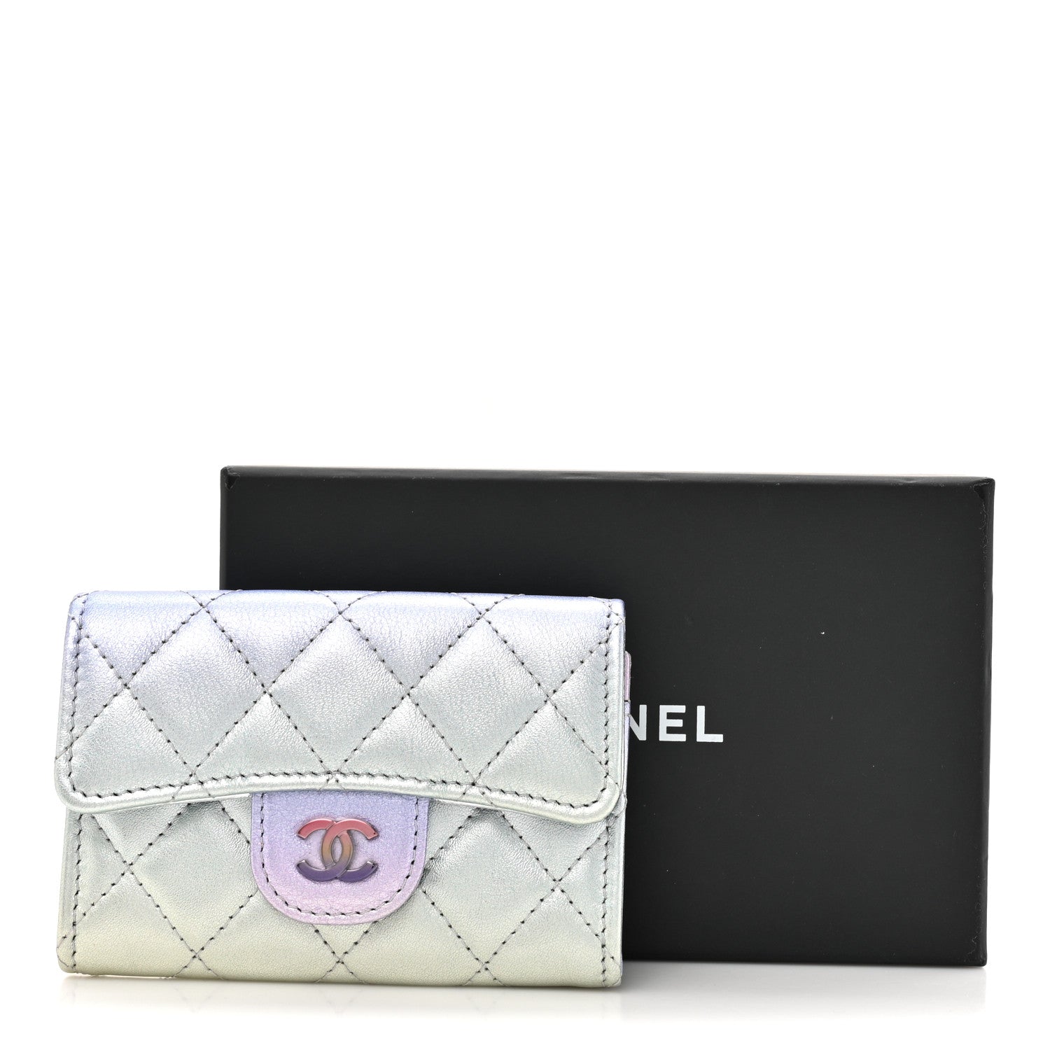 Chanel Gradient Metallic Calfskin Quilted Flap Card Holder Wallet Silver Blue Yellow Purple 8 of 8