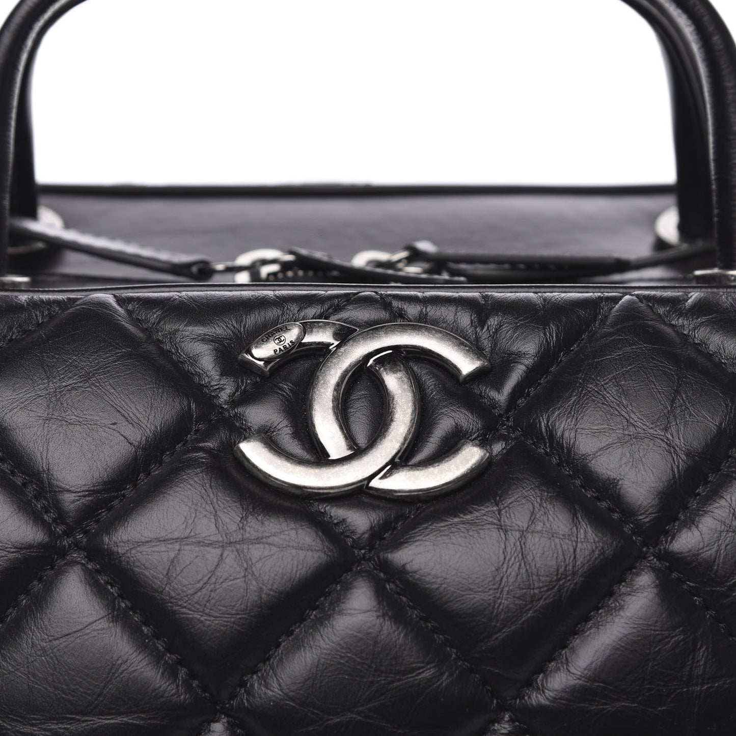 Aged Calfskin Quilted Large Bowling Bag Black