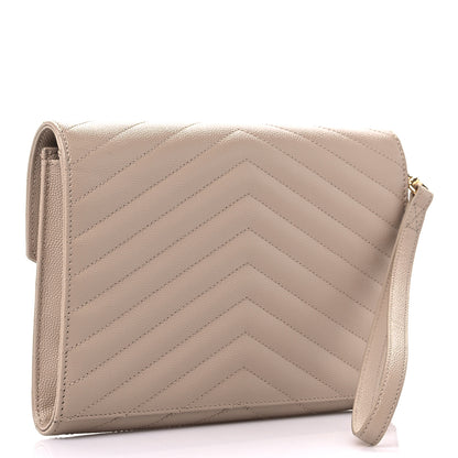 Saint Laurent Grain De Poudre Matelasse Chevron Monogram Envelope Clutch Dark Beige 3 of 9