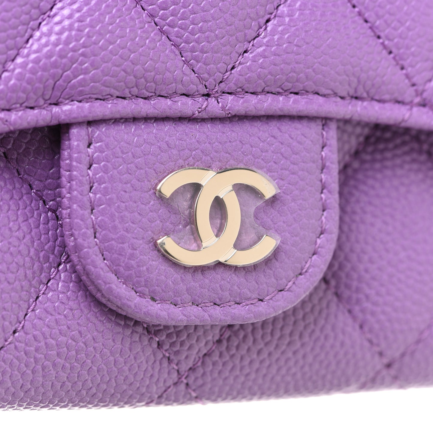 Caviar Quilted Flap Card Holder Wallet Purple