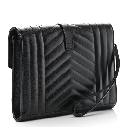 Saint Laurent Grain De Poudre Textured Mixed Matelasse Triquilt Monogram Clutch Black 4 of 11