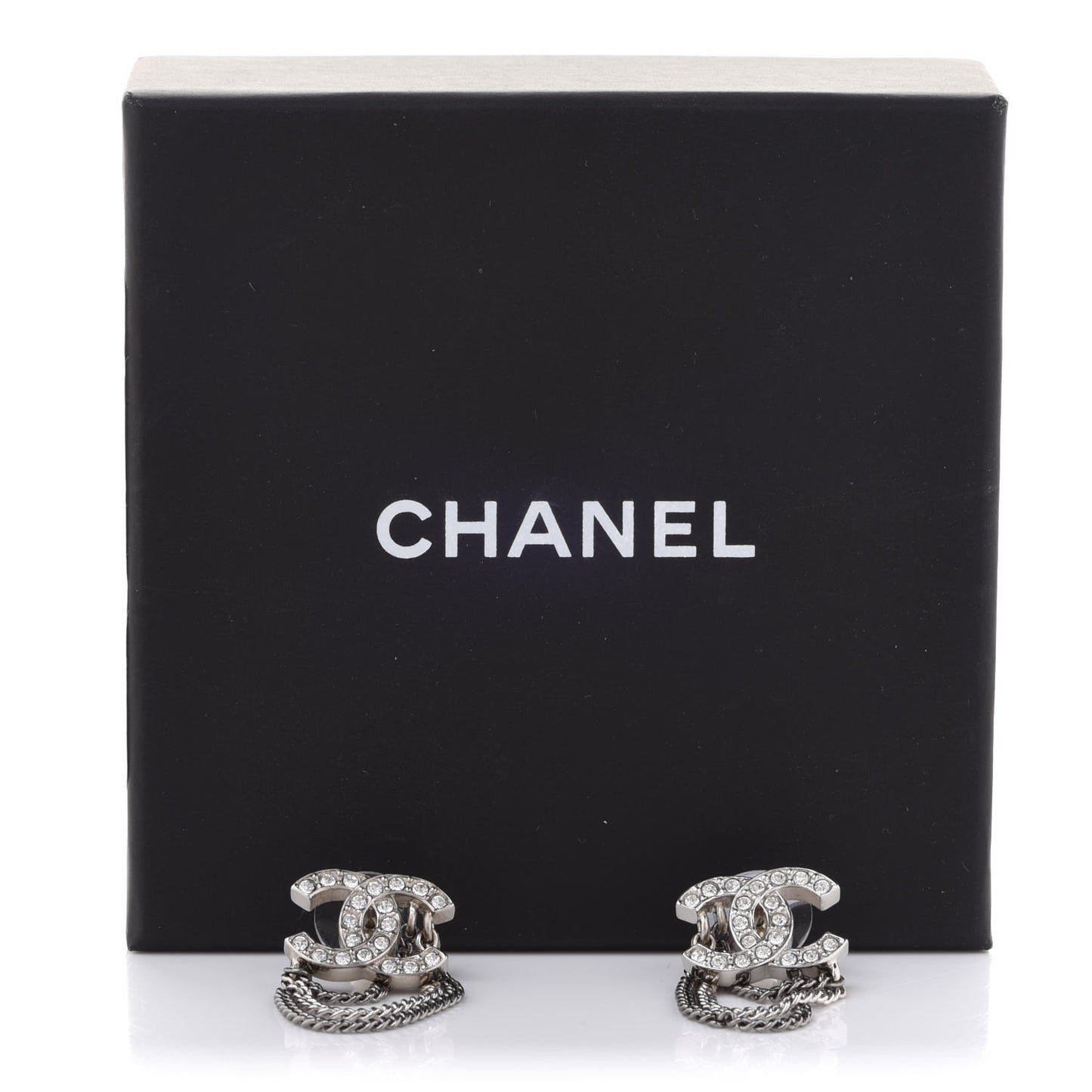 Crystal Chain CC Earrings Silver