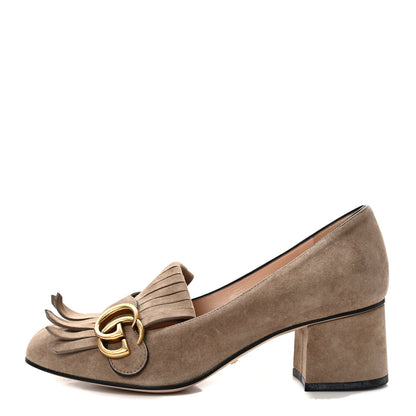 Gucci Kid Scamosciato GG Marmont Fringe 50mm Loafer Pumps 38 Taupe 1 of 9