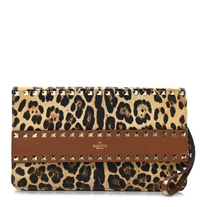 Valentino Garavani Canvas Leopard Print Rockstud Side Slip Wristlet Clutch Tan 1 of 9