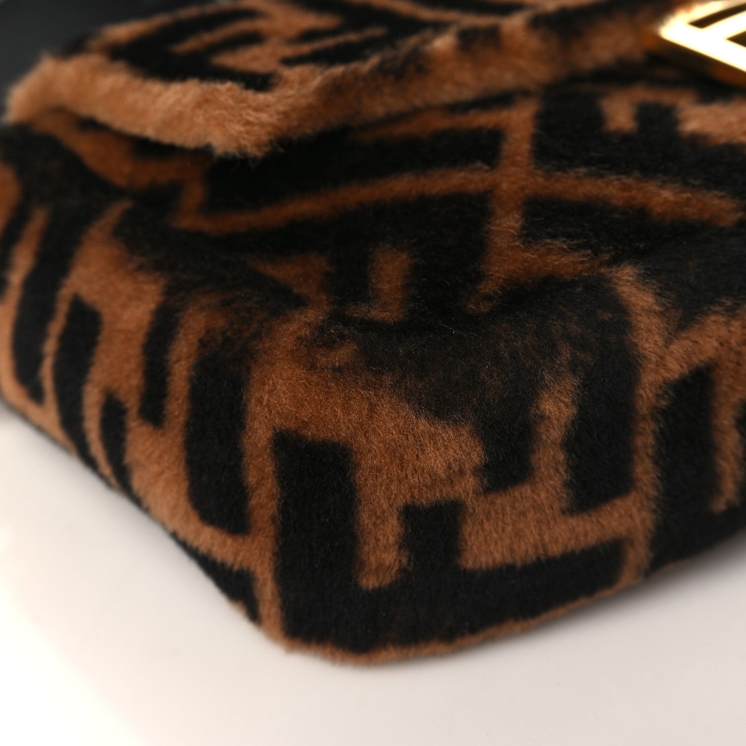 Fendi Shearling Vitello Dolce Macro FF 1974 Baguette Tobacco Black 8 of 9