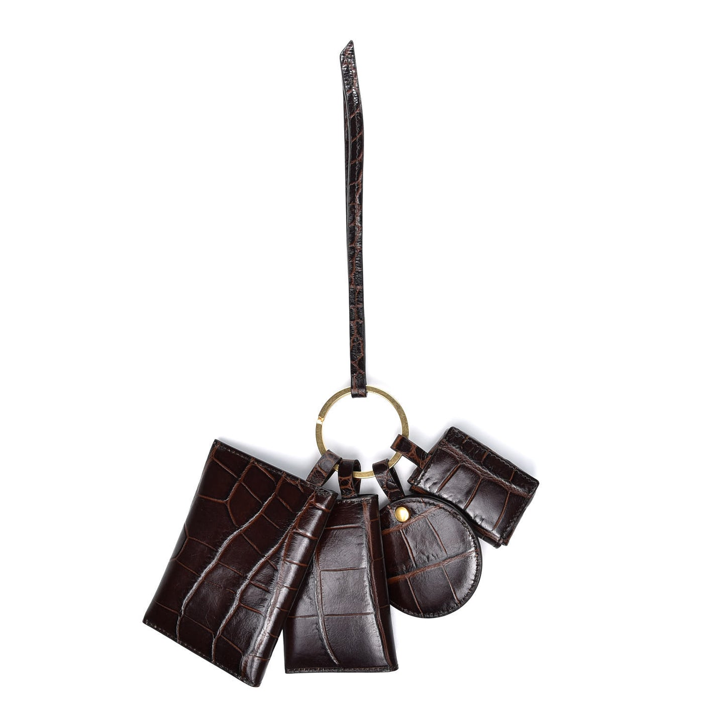 Alligator Calfskin Embossed Key Ring Wristlet Brown