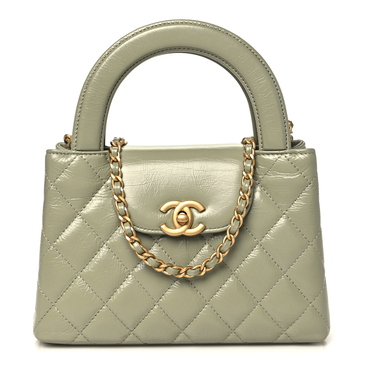 Shiny Aged Calfskin Quilted Nano Kelly Shopper Khaki
