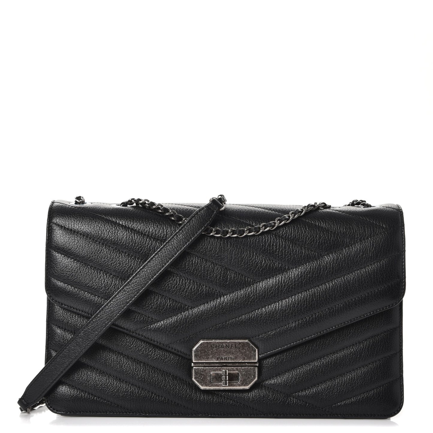 Shiny Goatskin Quilted Gabrielle Chevron Flap Black