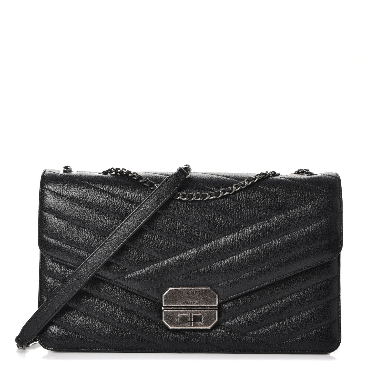 Chanel Shiny Goatskin Quilted Gabrielle Chevron Flap Black 1 of 7