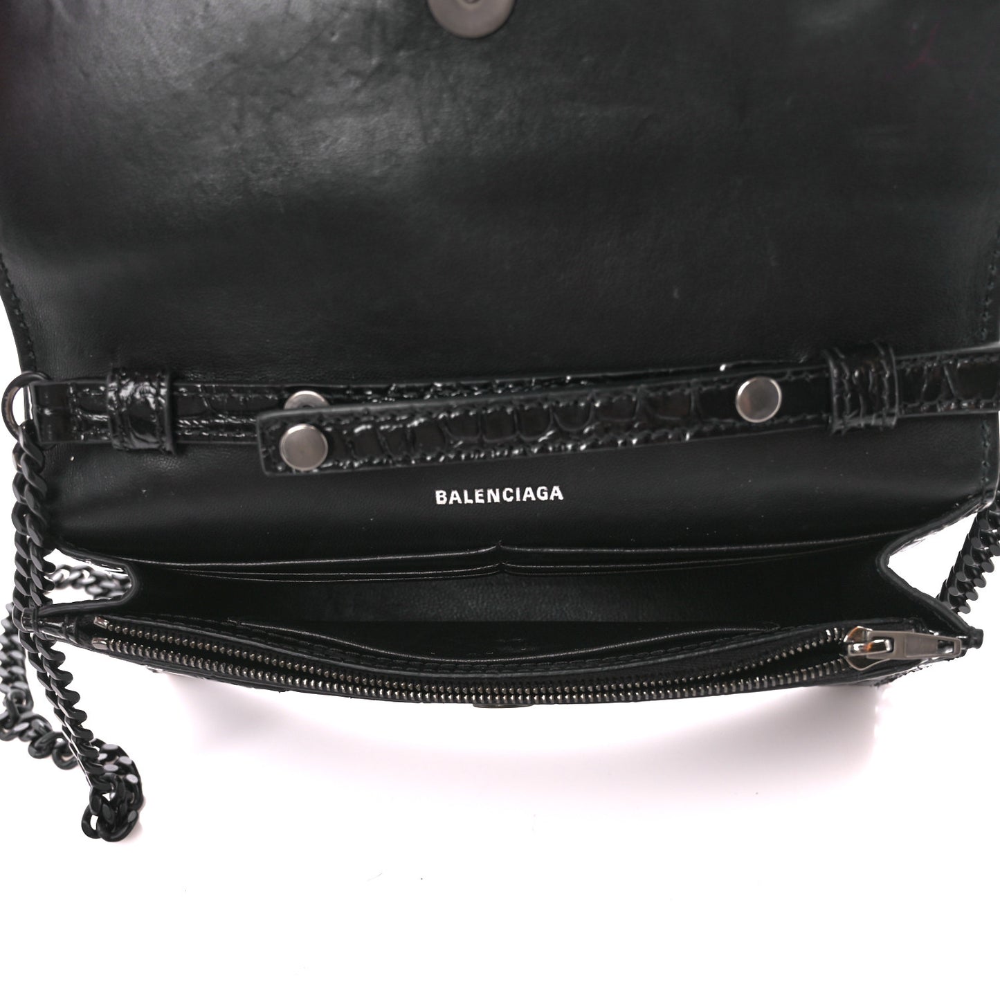 Shiny Calfskin Monochrome Crocodile Embossed Hourglass Chain Bag Black