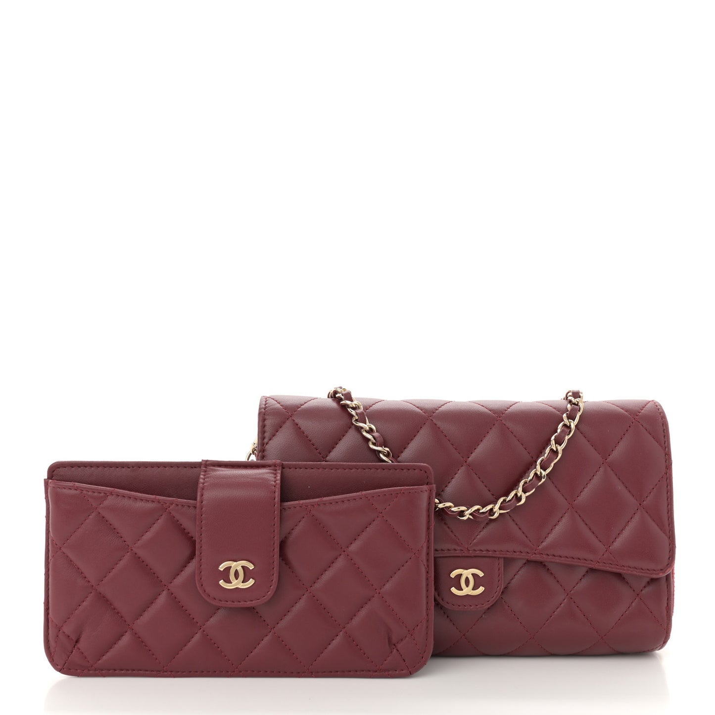 Lambskin Quilted Phone Holder Wallet on Removable Chain Burgundy