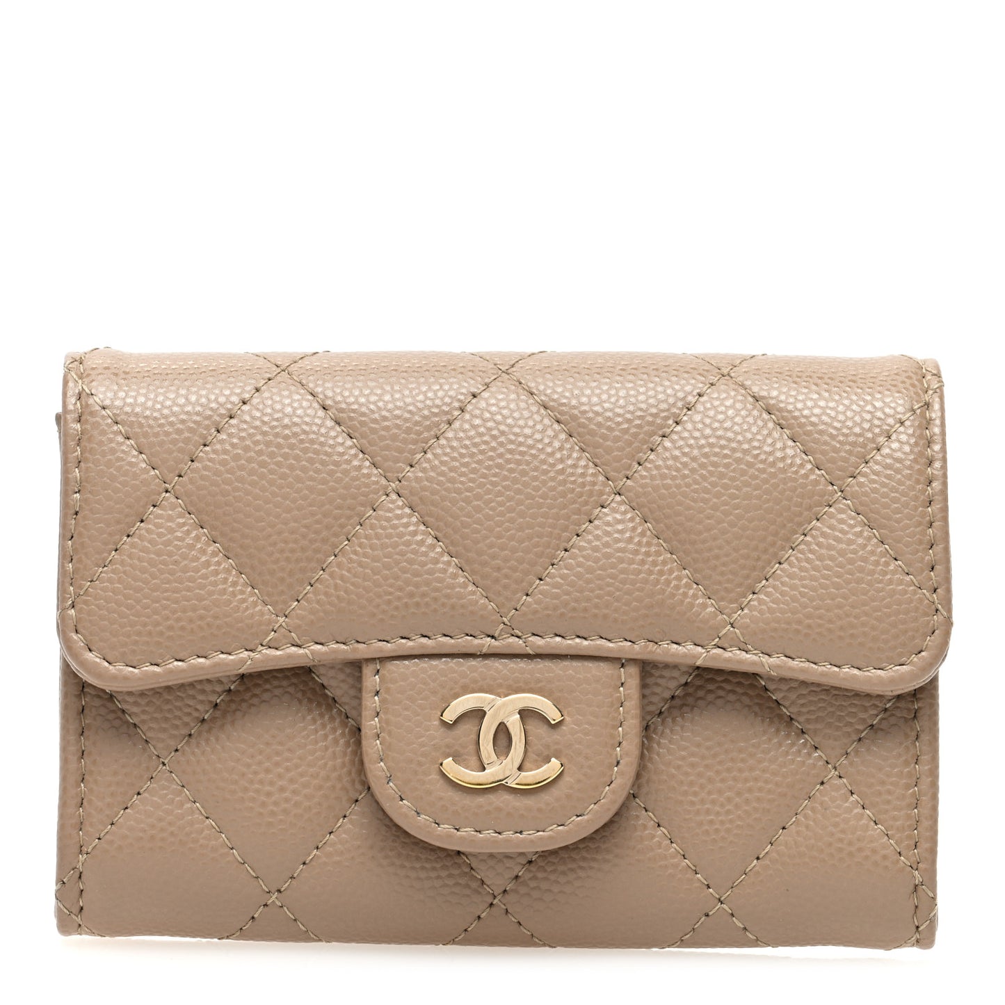 Caviar Quilted Flap Card Holder Wallet Dark Beige