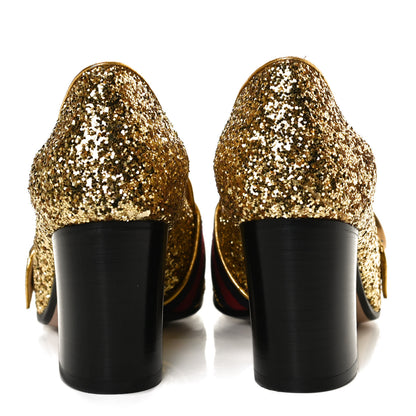 Gucci Glitter Nappa Web Peyton 75mm Loafer Pumps 36.5 Oro Vecchio 7 of 13