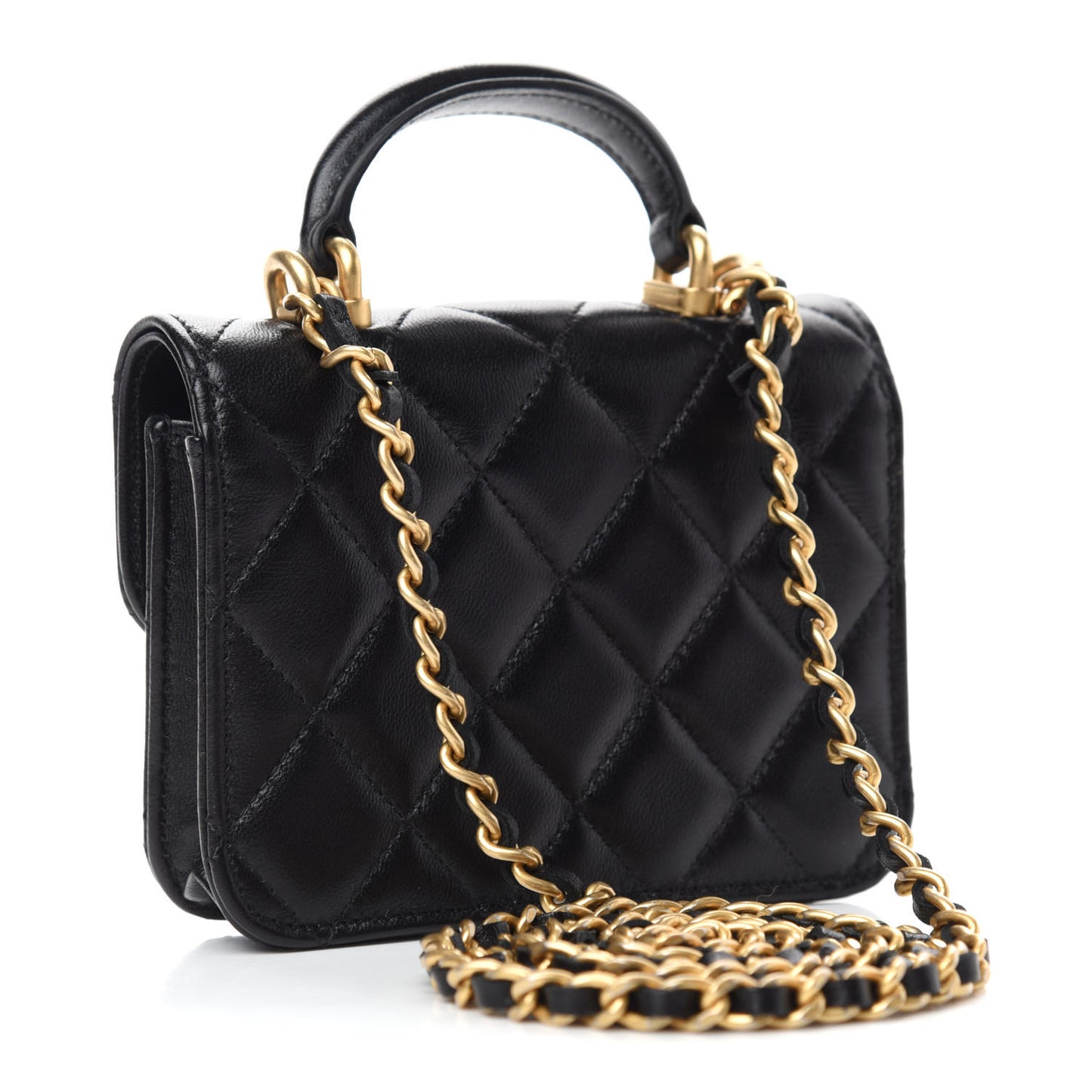 Lambskin Quilted Top Handle Flap Coin Purse With Chain Black