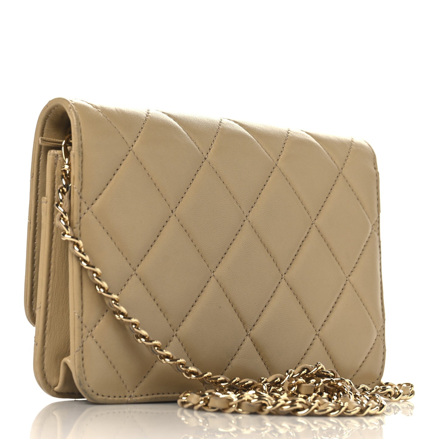 Lambskin Quilted Golden Class Wallet on Chain WOC Beige