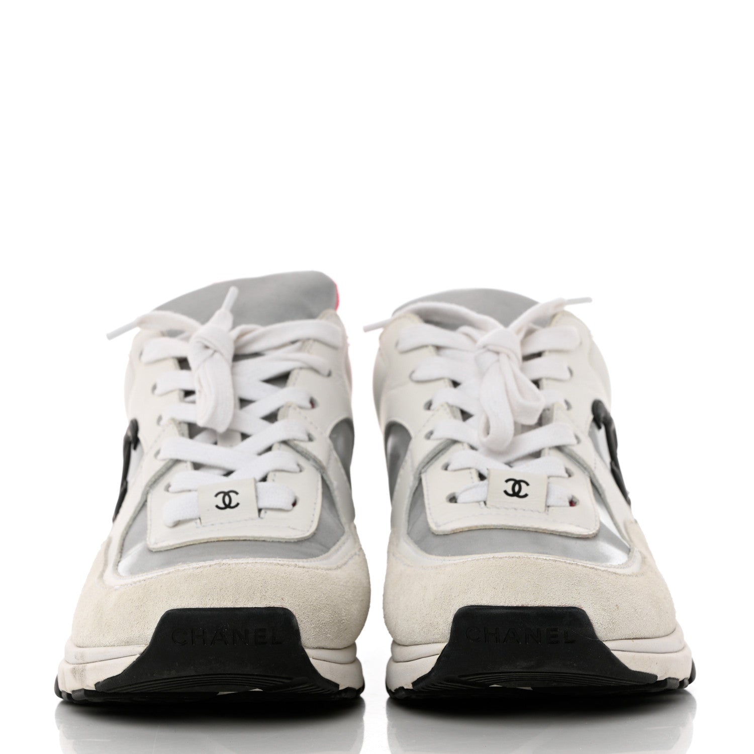 Chanel Calfskin Fabric Sneakers 37 White Silver Fluo Pink 2 of 14