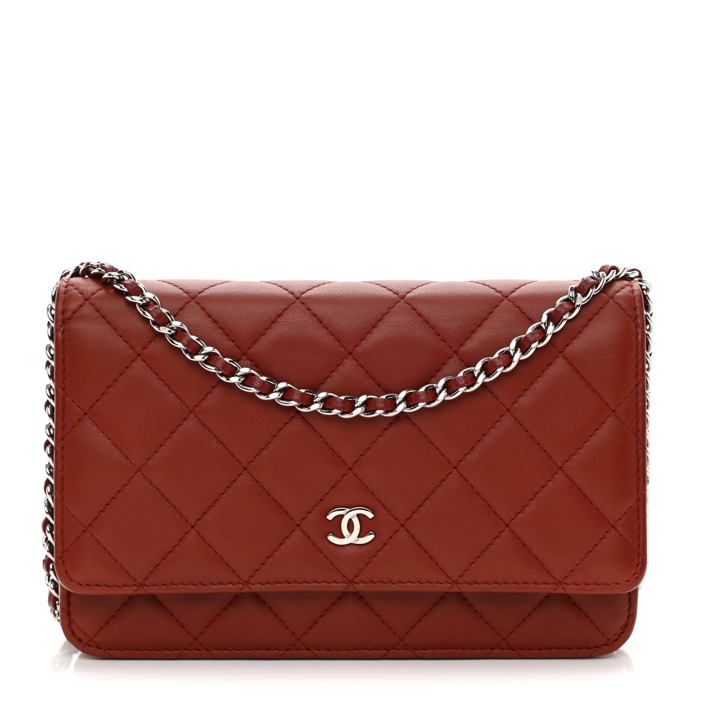 Lambskin Quilted Wallet On Chain WOC Dark Red