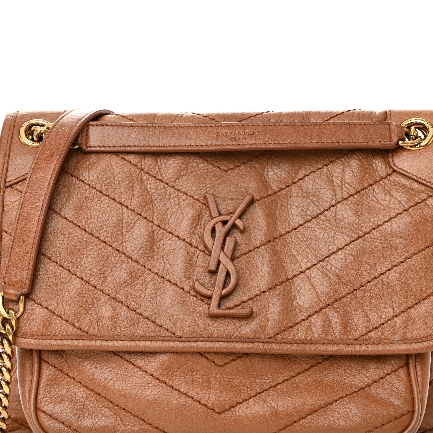 Saint Laurent Crinkled Calfskin Matelasse Monogram Medium Niki Chain Satchel Caramel 8 of 11