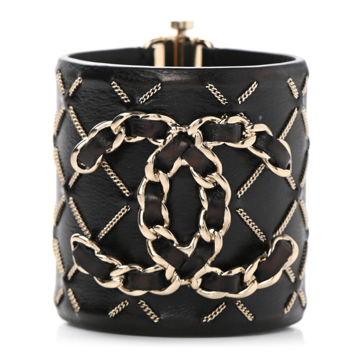 Chanel Lambskin Chain Stitched CC Cuff Bracelet Black Gold 1 of 4