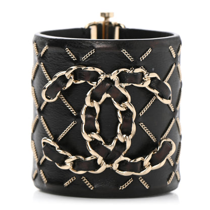 Chanel Lambskin Chain Stitched CC Cuff Bracelet Black Gold 1 of 4