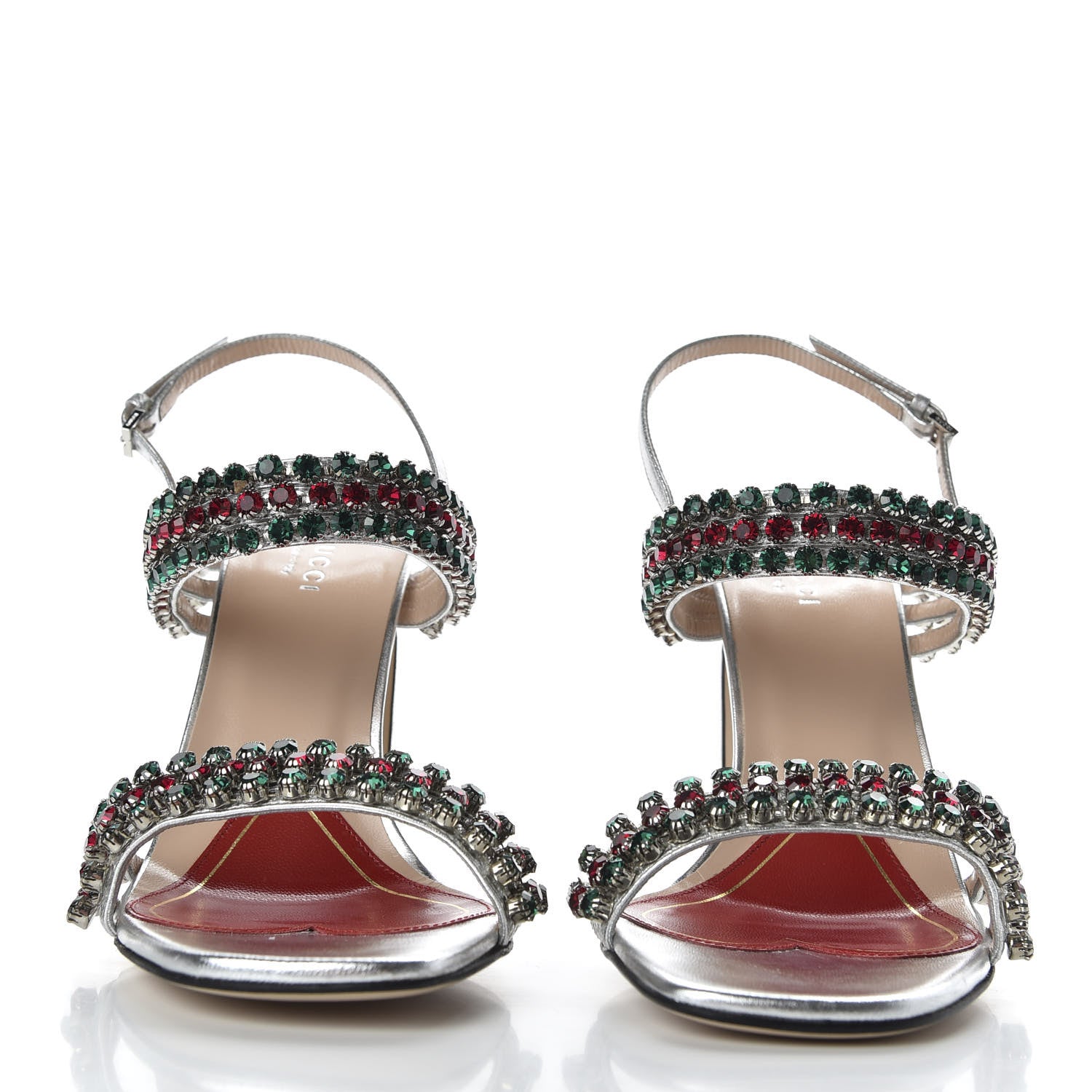 Gucci Nappa Silk Crystal Bertie High Heel Sandals 37.5 Argento 2 of 9