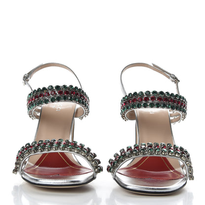 Gucci Nappa Silk Crystal Bertie High Heel Sandals 37.5 Argento 2 of 9