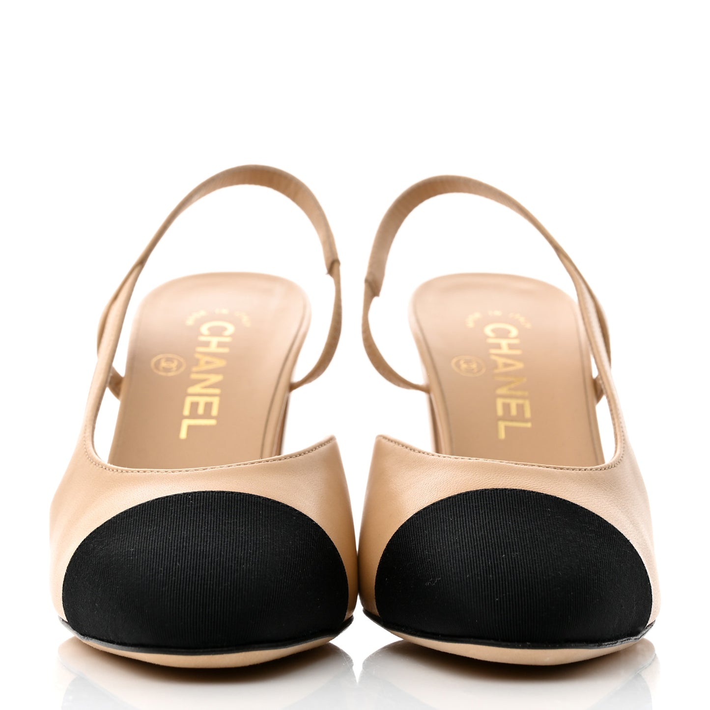 Lambskin Grosgrain Cap Toe CC Slingback Pumps 37.5 Beige Black