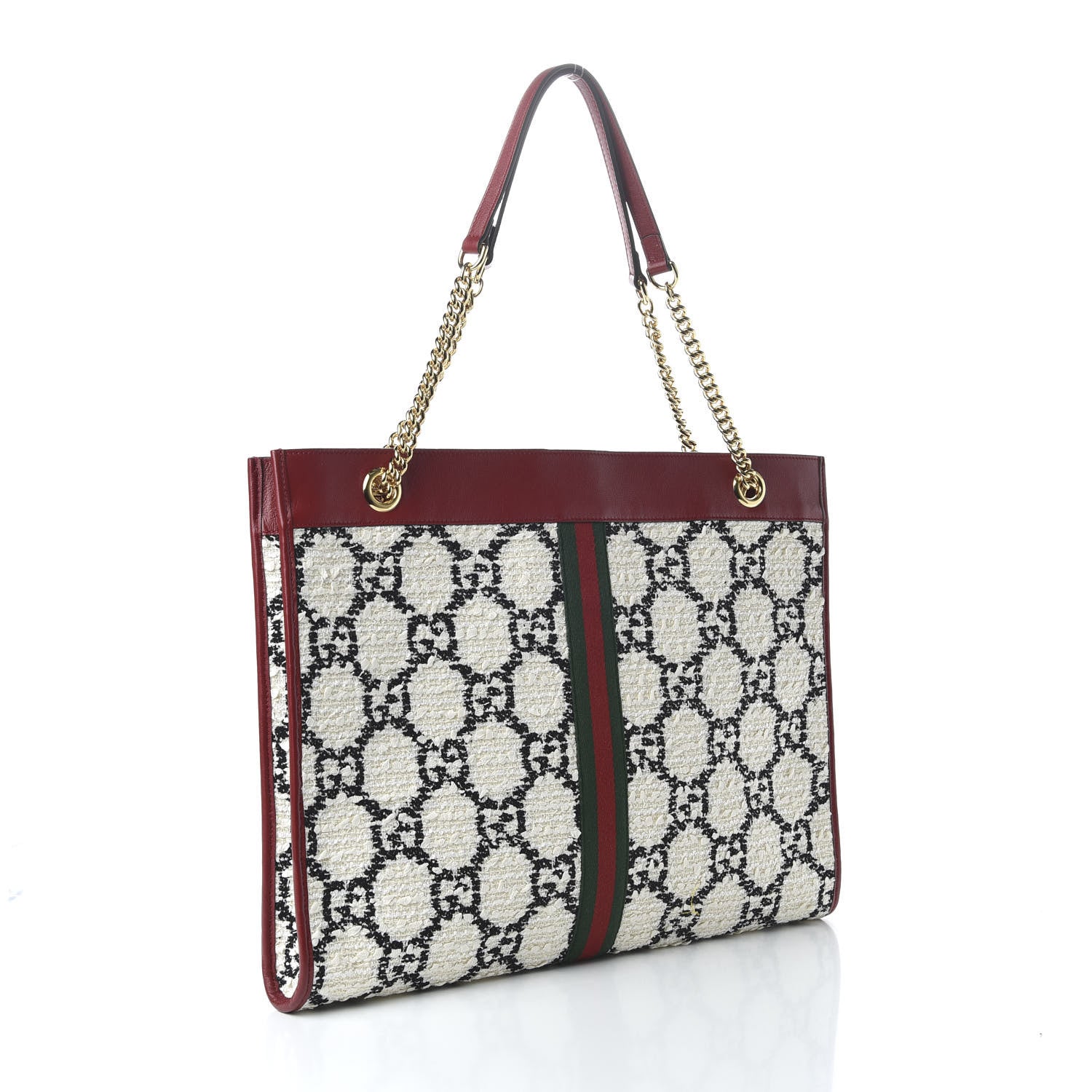 Gucci Tweed GG Monogram Large Rajah Chain Tote White Black Romantic Cherry 3 of 10