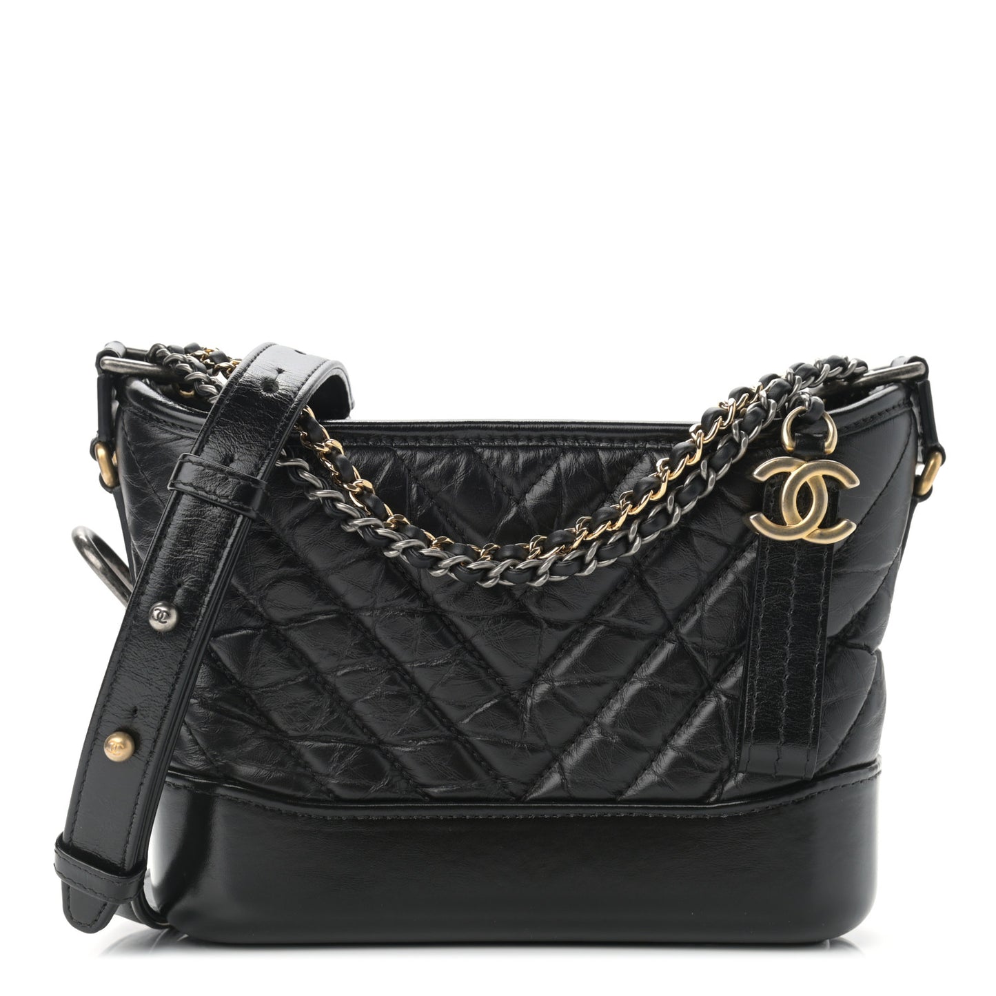 Aged Calfskin Chevron Quilted Small Gabrielle Hobo Black