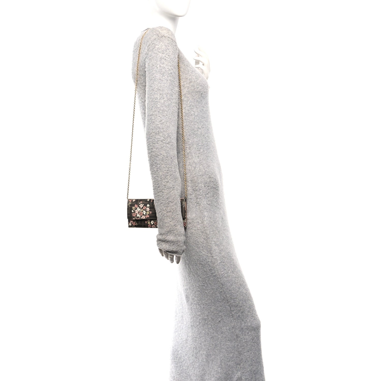 Fendi Fabric Jacquard FF 1974 Bouquet Print Continental Wallet On Chain Gold Tobacco Brown 2 of 11