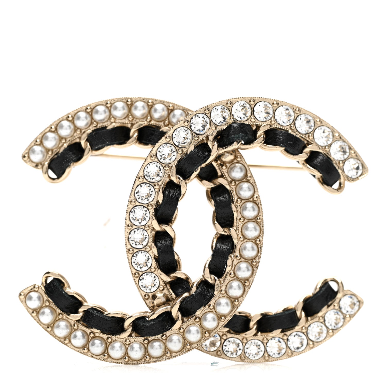 Chanel Lambskin Crystal Vintage Allure CC Chain Brooch Black Gold 1 of 6