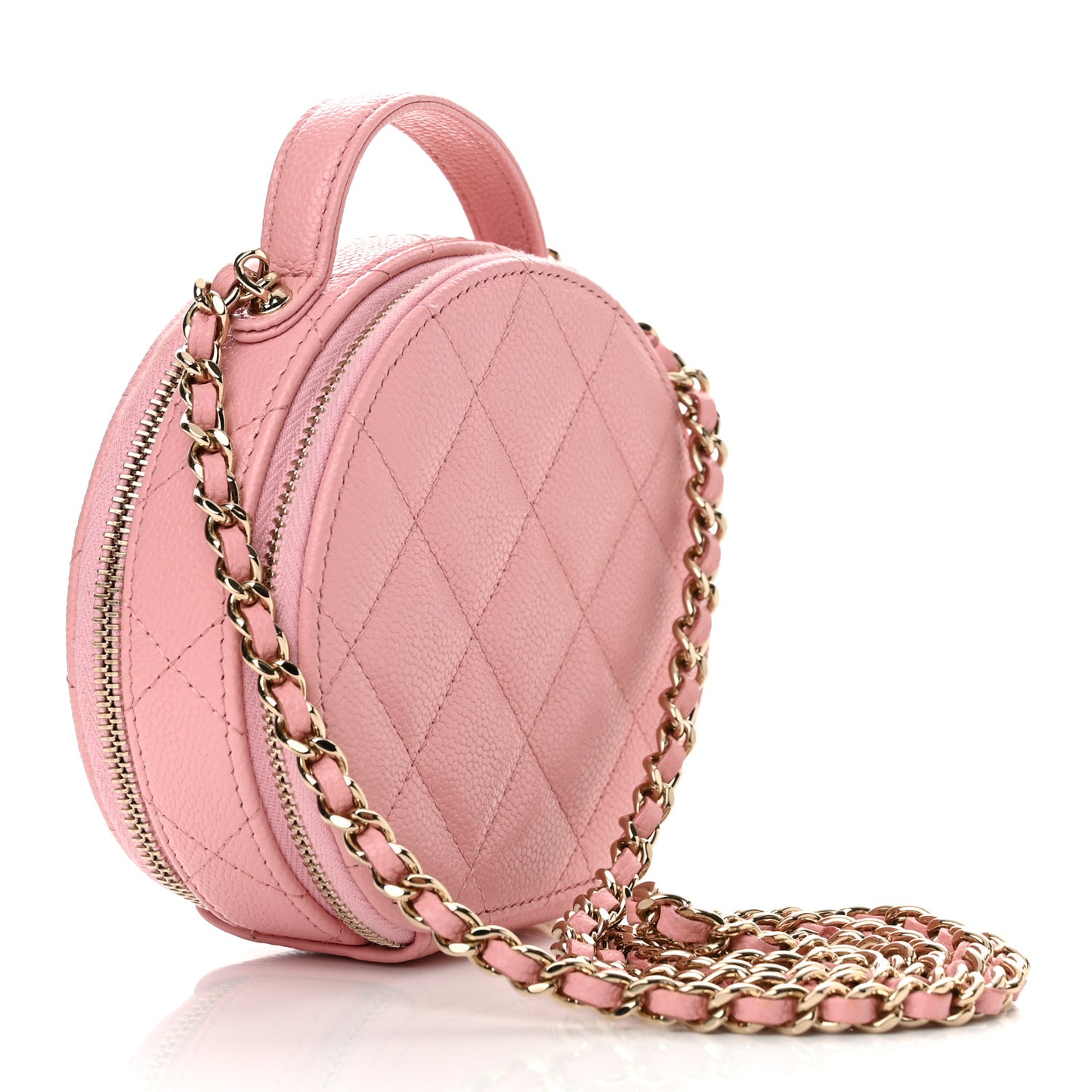 Caviar Quilted Round Handle With Care Vanity With Chain Pink