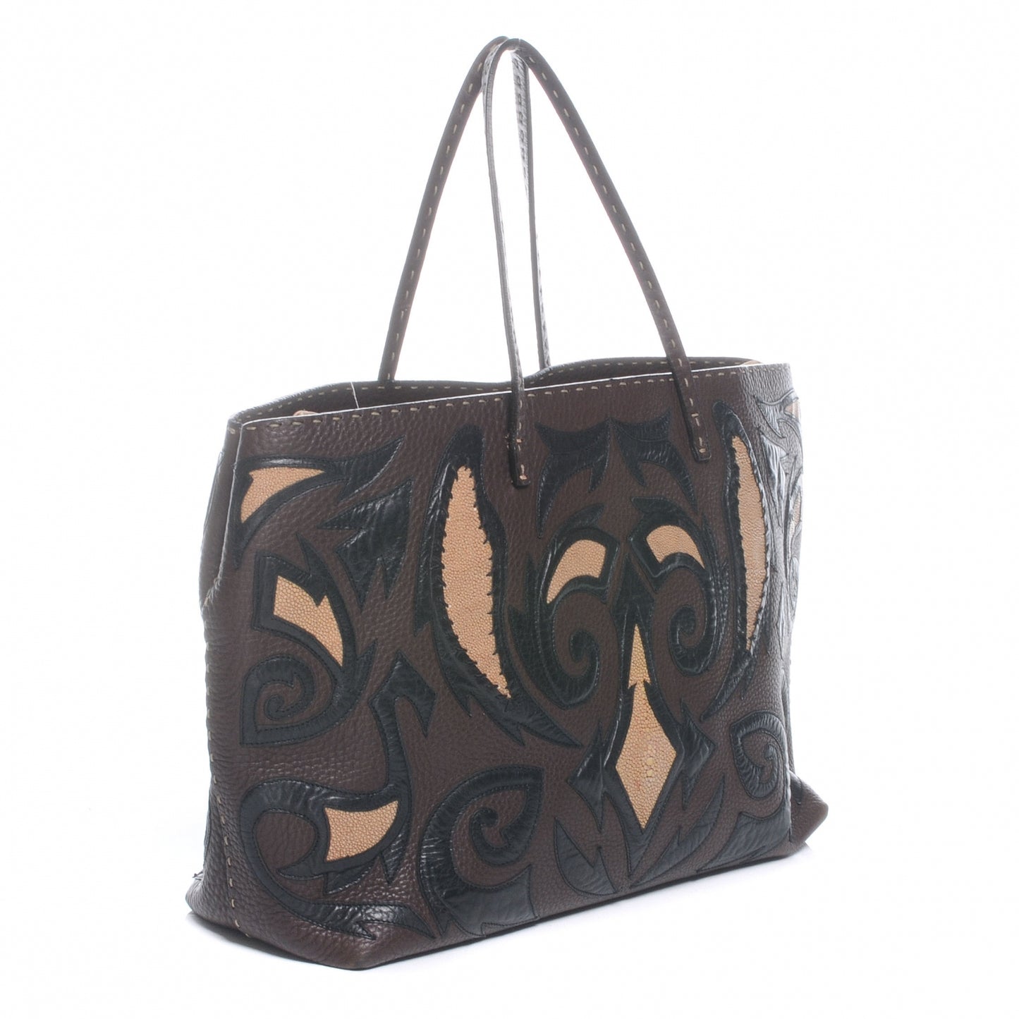 Calfskin Romano Stingray Selleria Whipstitch Shopper Tote Brown