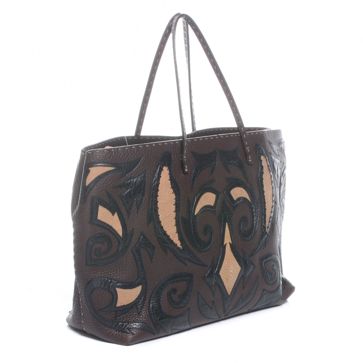 Fendi Calfskin Romano Stingray Selleria Whipstitch Shopper Tote Brown 3 of 7