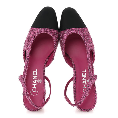Chanel Metallic Tweed Grosgrain Cap Toe CC Slingback Pumps 36 Pink Black 38.5 Pink Black 2 of 9