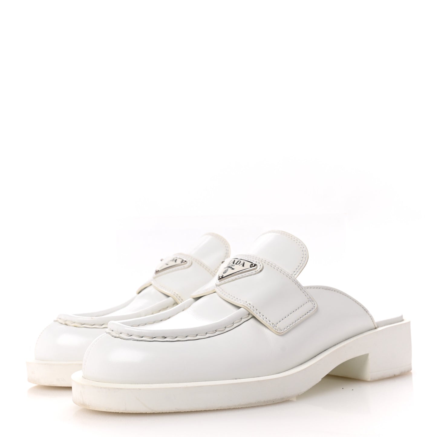 Spazzolato Metal Triangle Logo 40mm Loafer Mules 37.5 White