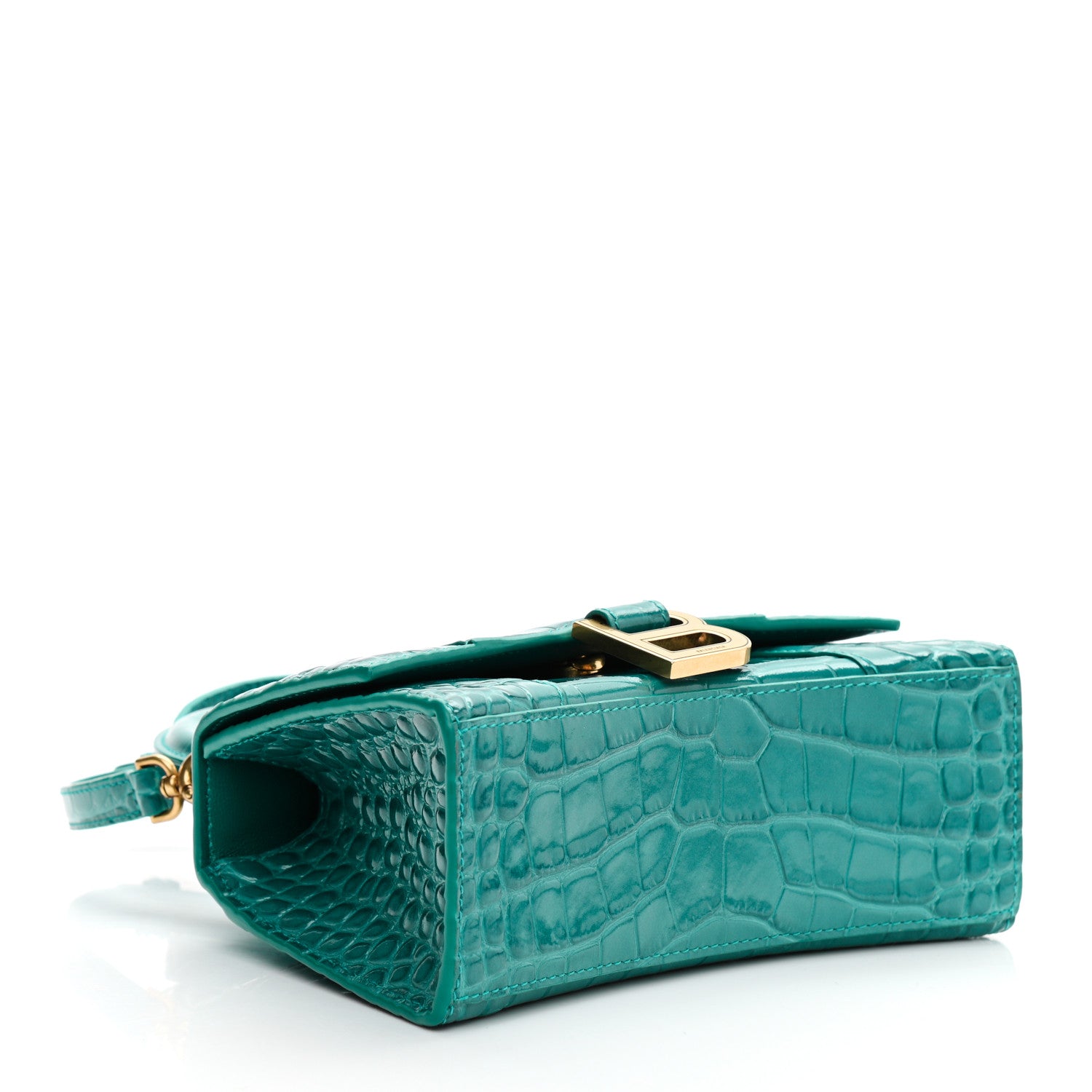 Balenciaga Shiny Calfskin Crocodile Embossed Hourglass Top Handle Bag XS Dark Turquoise 3 of 6