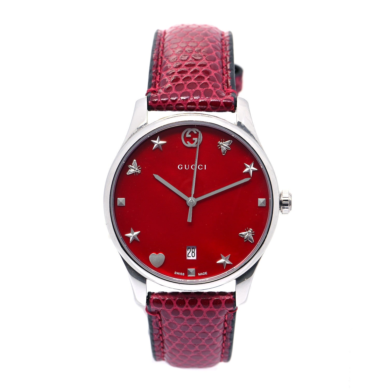 Gucci Stainless Steel Lizard Red Mother of Pearl 36mm G-Timeless Charm Quartz Watch 1 of 4