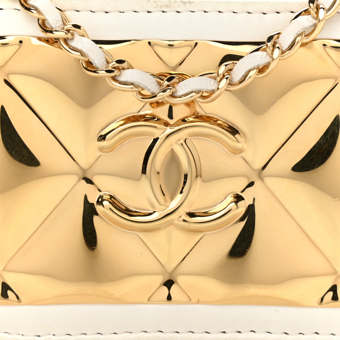 Lambskin Metal Quilted Extra Mini Vanity Case With Chain White Gold