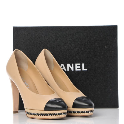 Chanel Calfskin CC Cap Toe Platform Chain Pumps 37 Beige Black 14 of 14