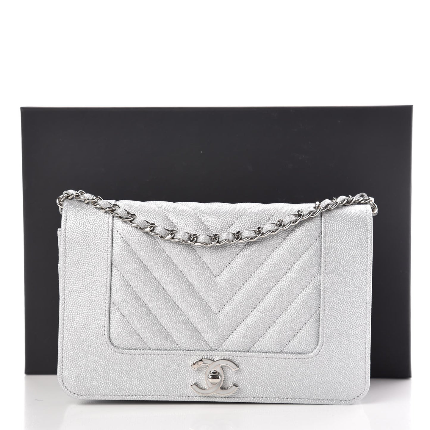 Metallic Caviar Chevron Quilted Vintage Mademoiselle Wallet On Chain WOC Silver