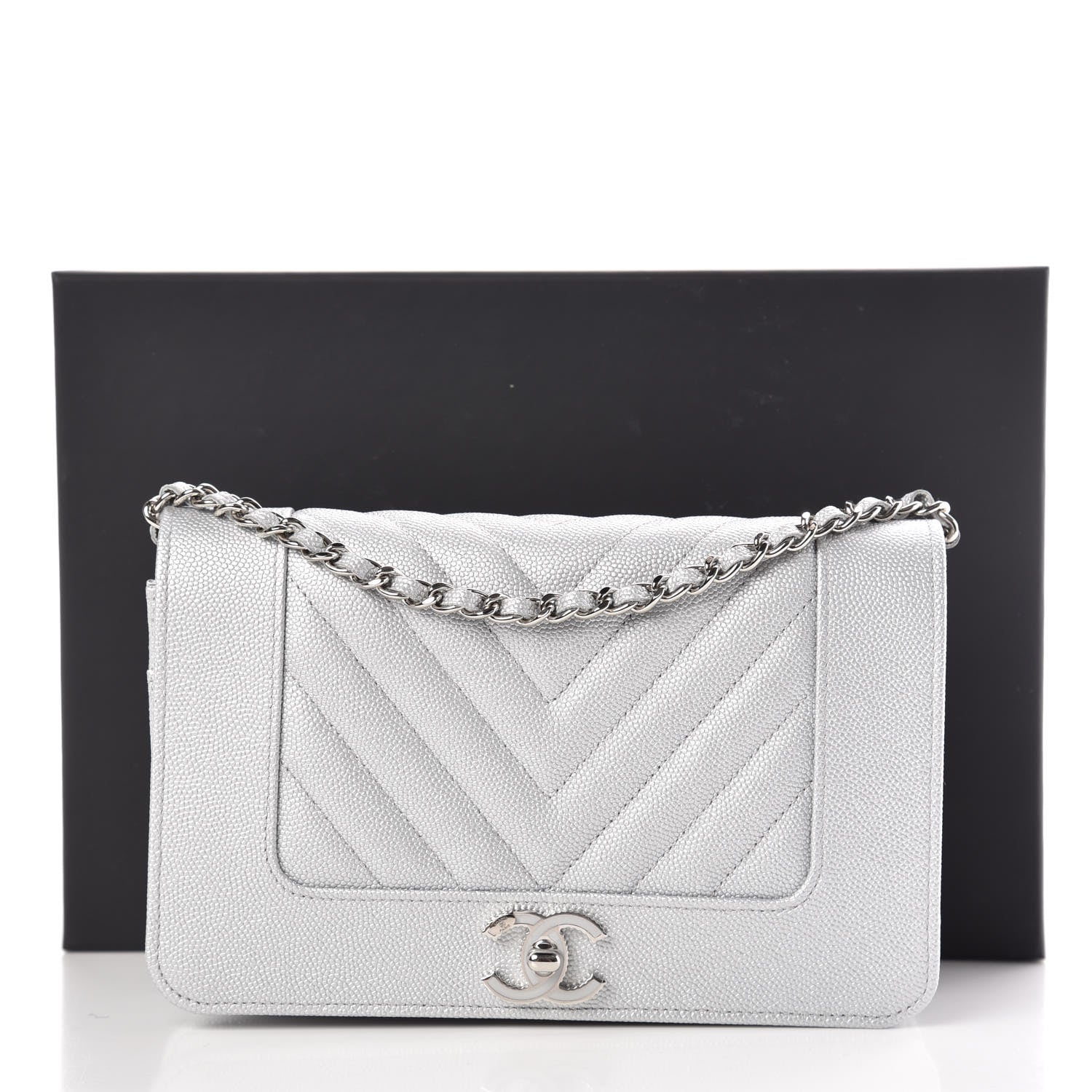 Chanel Metallic Caviar Chevron Quilted Vintage Mademoiselle Wallet On Chain WOC Silver 12 of 12