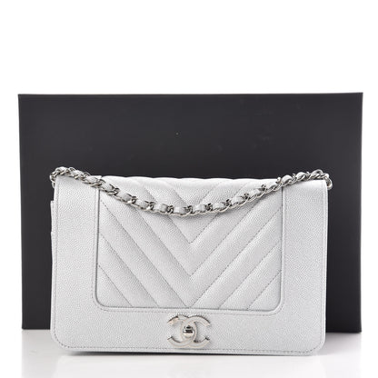 Chanel Metallic Caviar Chevron Quilted Vintage Mademoiselle Wallet On Chain WOC Silver 12 of 12
