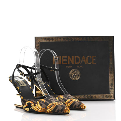 Fendi X VERSACE Silk Calfskin Fendace Fendi First 95mm Slingback Sandals 37.5 Tobacco Black Gold 7 of 7