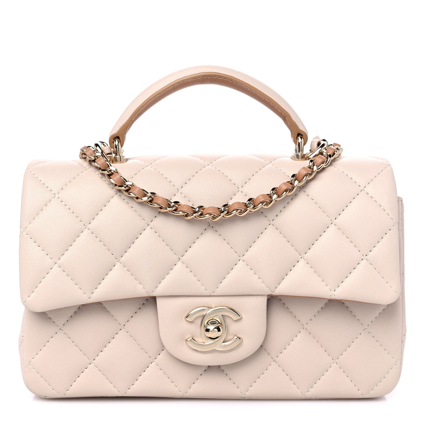 Lambskin Quilted Bi-Color Mini Top Handle Rectangular Flap Ecru Dark Beige