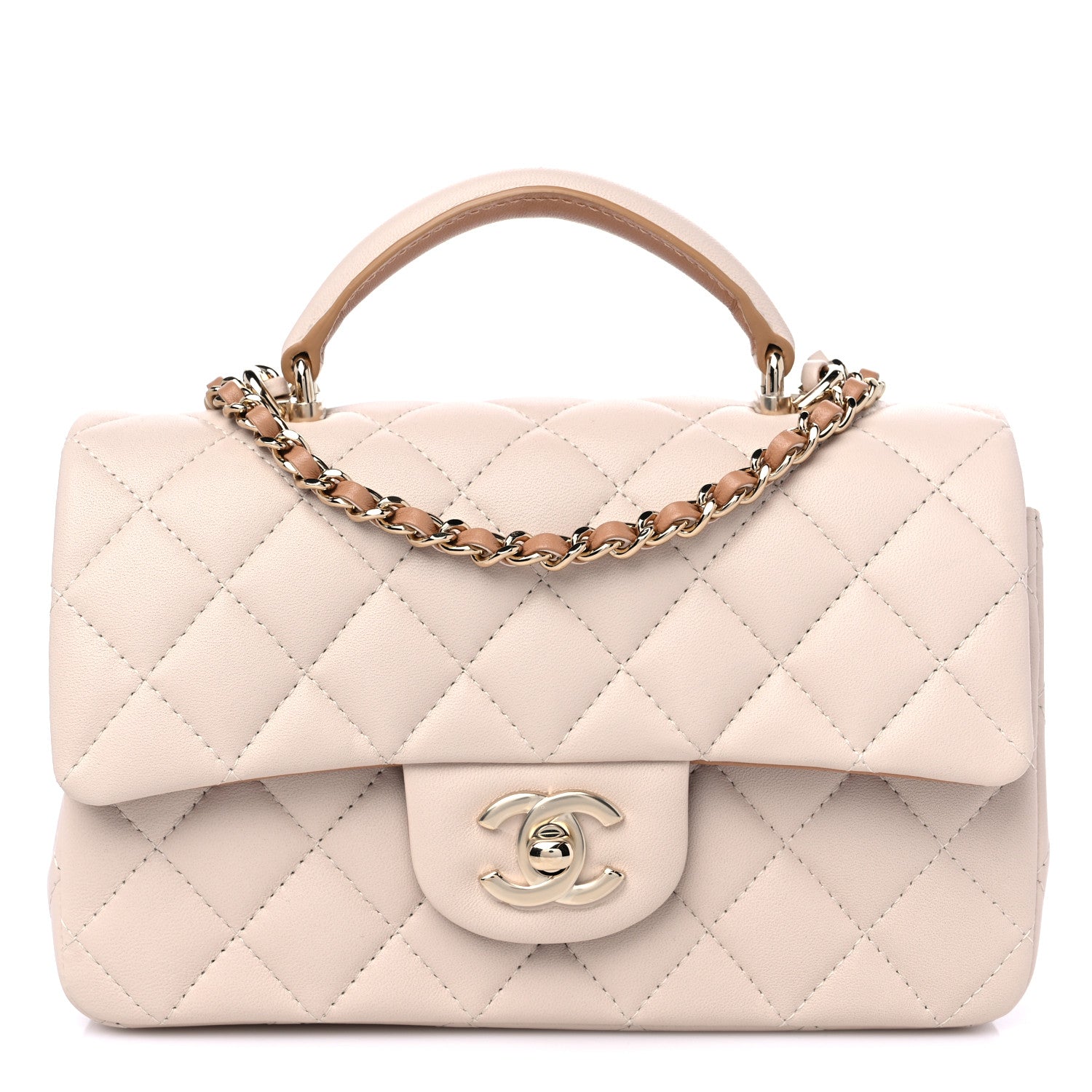 Chanel Lambskin Quilted Bi-Color Mini Top Handle Rectangular Flap Ecru Dark Beige 1 of 10