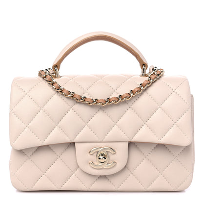 Chanel Lambskin Quilted Bi-Color Mini Top Handle Rectangular Flap Ecru Dark Beige 1 of 10