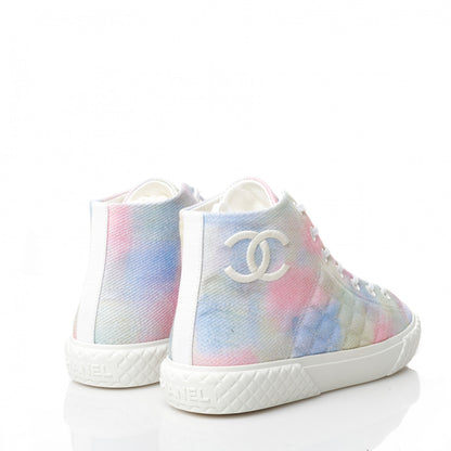 Chanel Printed Fabric High Top CC Sneakers 38.5 Green Pink Blue White 4 of 9