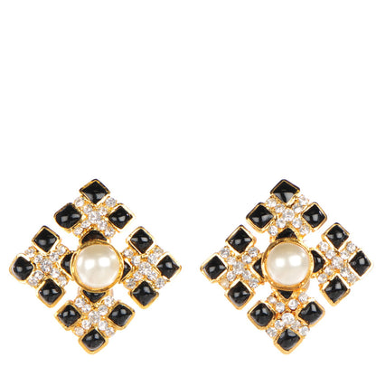 Chanel Enamel Crystal Pearl Clip On Earrings Black and Gold 1 of 4