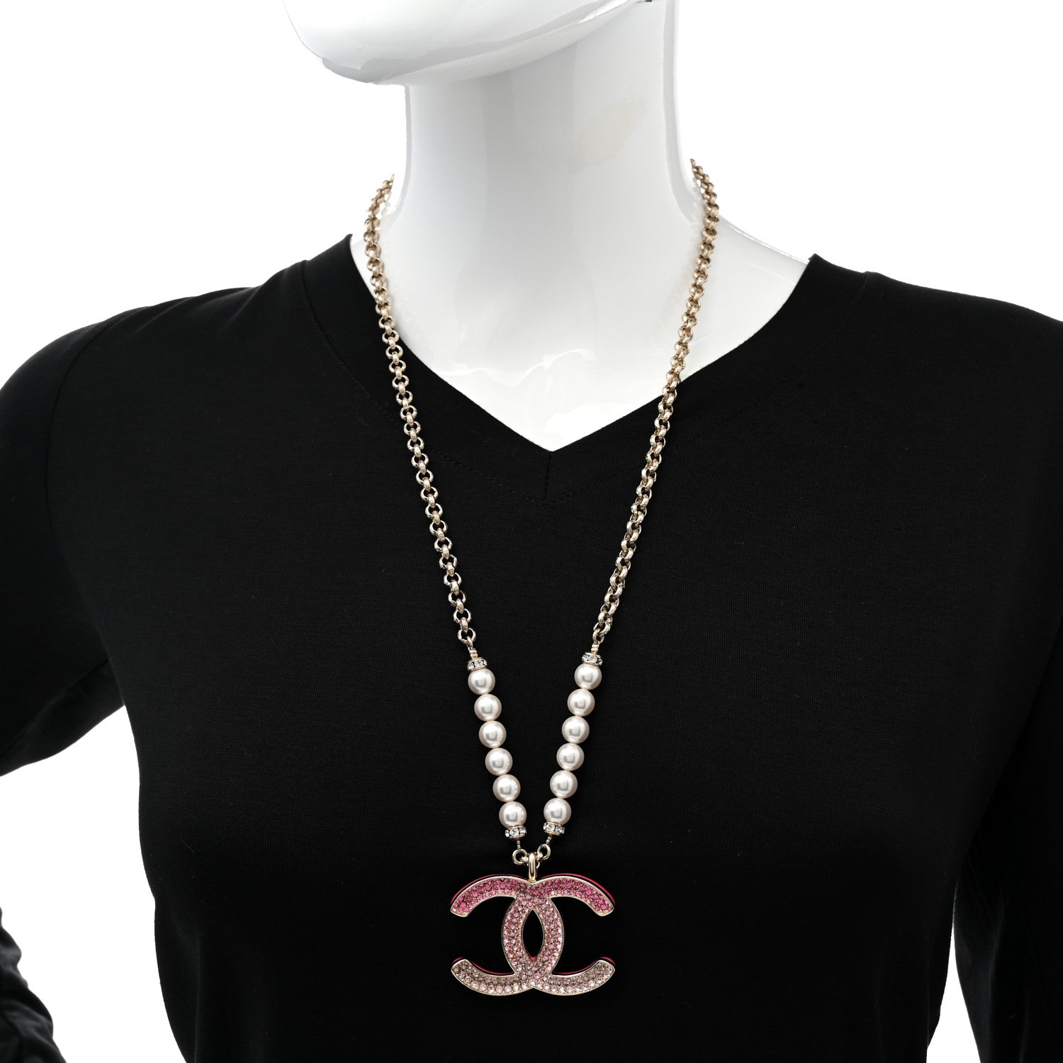 Chanel Pearl Crystal Resin CC Reversible Necklace Pink Gold White 2 of 7